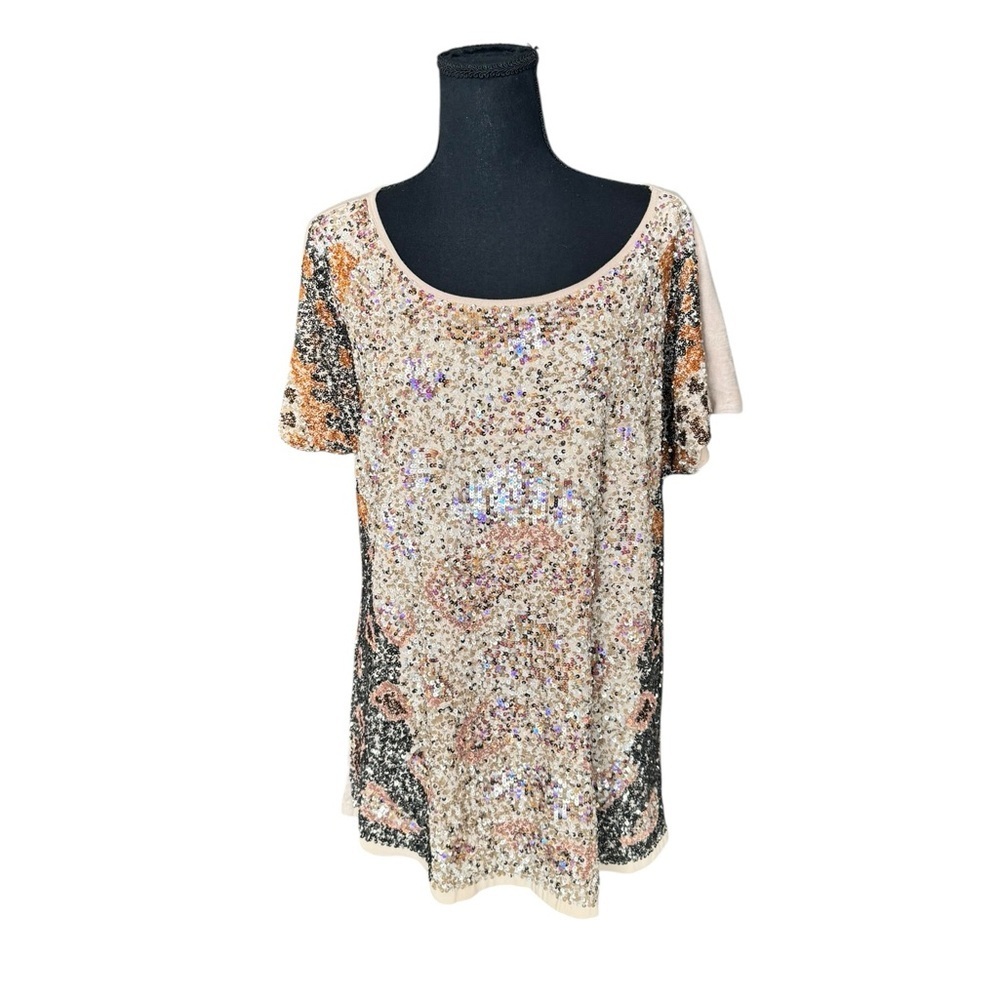 Sundance XL Sequin Embellished Boho Top Leopard Metallic Festival Glam Blouse